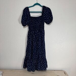 Navy Polka Dot Smocked‎ Square Neck Puff Sleeve Midi Dress Women's Size S
